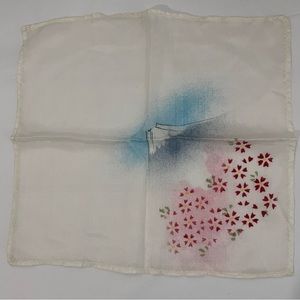 Vintage Floral Handkerchief Mountain Scene with Red Flowers Silk Hanky 11”